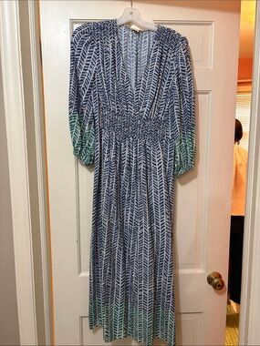 Shoshanna Navy and Green V-Neck Smocked Maxi Dress